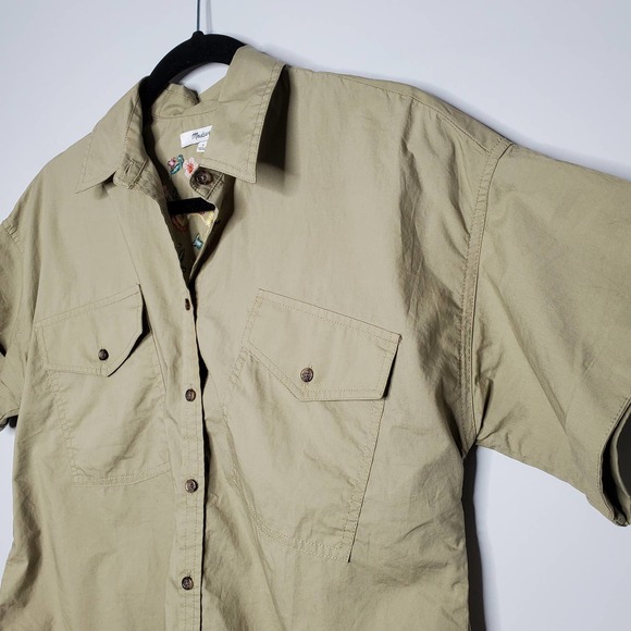 MADEWELL • Khaki Floral Embroidered Short Sleeve Button Top Sz S - Picture 4 of 8